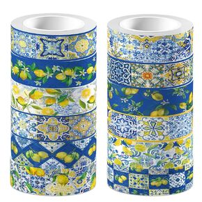 Bolsome 12Rolls Lemon Washi Tape Blue Tiles Yellow Lemon Printed Decorative Washi Tape Summer Fruits Adhesive Stickers for Wedding Bridal Shower for Scrapbook Journal DIY Craft