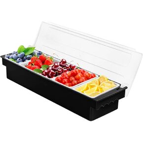 5 Compartment Plastic Dispenser Fruit Veggie Condiment Caddy with Lid，Ice Cooled Condiment Serving Container Chilled Garnish Tray Bar Caddy for Home Work or Restaurant (Black)