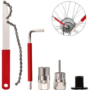 Bike Cassette Removal Tool, 5 Pcs Bike Chain Tool Kit with Chain Whip Auxiliary Wrench Bicycle Cassette Lock Ring Removal Freewheel Remover Wrench Sprocket Remover