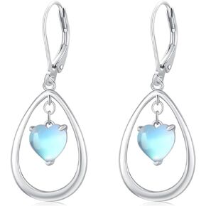 Teardrop Earrings 925 Sterling Silver Heart Moonstone Drop Dangle Leverback Earrings Birthday Valentine's Day Jewelry Gift for Women girls