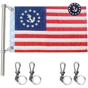 US Boat Ensign 12x18 with 4 Boat Flag Pole Kits- Embroidered Stars Anchor Boat Flag Durable Polyester Sewn Stripes Yachting Flag with 2 Brass Grommets
