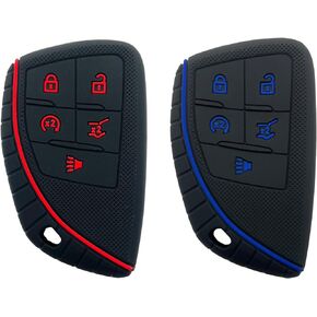 5 Buttons Silicone Smart Key Fob Cover Fit for GMC Sierra 1500 Chevy Silverado 1500 2500HD 3500HD (Black with red + Black with Blue)