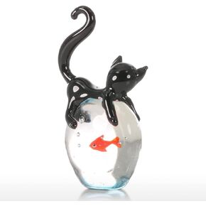 Too-arts Cat and Goldfish Sculpture Glass Ornament Cat Figurine Hand Blown Black & Red