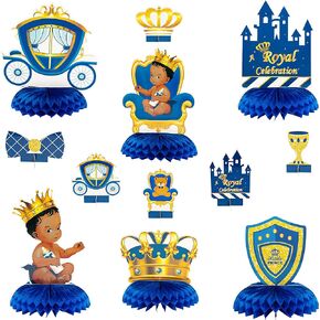 BeYumi 12Pcs Royal Prince Themed Honeycomb Centerpiece Table Toppers for Baby Boys African American Little Prince Black Boys Castle Crown Blue and Gold Baby Shower Birthday Party Supplies Decoration