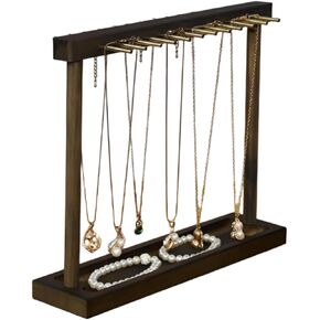 Wood Jewelry Organizer Necklace Stand with Ring Tray and 24 Hooks Storage Necklaces Bracelets Rings Watches Metal Desk Organizer Stand (Walnut)