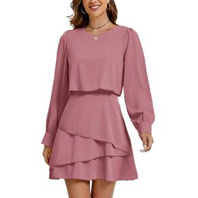 LYANER Women's Casual Crewneck Long Sleeve Layered Ruffle Hem A Line Mini Dress