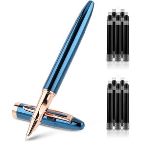 Amaxiu Metal Black Fountain Pen Set, 0.38mm Fine Nib Fountain Pen with 10 3.4mm Ink Cartridges and 1 Converter Smooth Writing Luxury Calligraphy Pen Office School Supplies Gift(Blue)