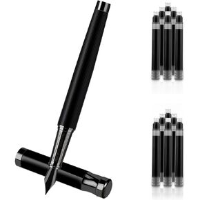 Amaxiu Luxury Fountain Pen Set, 0.5mm Fine Nib Metal Fountain Pen with Converter and 10 3.4mm Black Ink Cartridges Smooth Writing Fountain Pen Business Nice Pen for Office Men Women(Black)