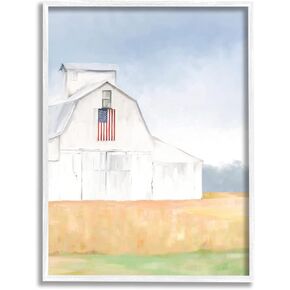 Stupell Industries American Flag White Country Barn Rural Scenery, Design by Amy Hall