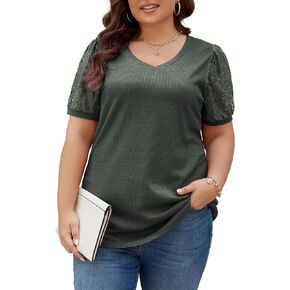 Halife Women's Plus Size Tops V Neck Summer Blouse Short Lace Sleeve Waffle Knit Shirts