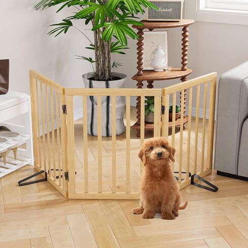 Freestanding Extra Wide Dog Gate Indoor, 6-Panel Wooden Pet Gate with 2 Metal Stands and 360°Hinge, Tall Dog Gates for Doorways, Stairs, Doorways, Kitchen, Foldable Safety Fence, 110"W x 32"H - Walnut in Saudi Arabia