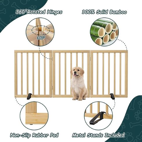 Freestanding Extra Wide Dog Gate Indoor, 6-Panel Wooden Pet Gate with 2 Metal Stands and 360°Hinge, Tall Dog Gates for Doorways, Stairs, Doorways, Kitchen, Foldable Safety Fence, 110"W x 32"H - Walnut in Saudi Arabia