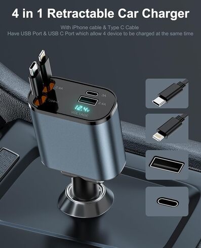 شاحن سيارة قابل للسحب مع 100 وات، شاحن سيارة سريع 4 في 1 لمحول شاحن هاتف iPhone للسيارة مع كابلات قابلة للسحب ومنفذي شحن شاحن قابل للسحب لهاتف iPhone 15/14/13/12 وGalaxy وPixel in Kuwait