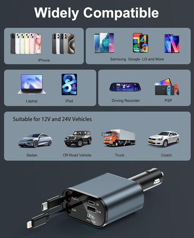شاحن سيارة قابل للسحب مع 100 وات، شاحن سيارة سريع 4 في 1 لمحول شاحن هاتف iPhone للسيارة مع كابلات قابلة للسحب ومنفذي شحن شاحن قابل للسحب لهاتف iPhone 15/14/13/12 وGalaxy وPixel in Kuwait