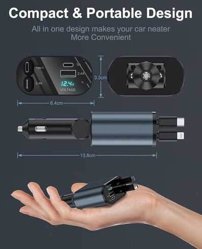 شاحن سيارة قابل للسحب مع 100 وات، شاحن سيارة سريع 4 في 1 لمحول شاحن هاتف iPhone للسيارة مع كابلات قابلة للسحب ومنفذي شحن شاحن قابل للسحب لهاتف iPhone 15/14/13/12 وGalaxy وPixel in Kuwait