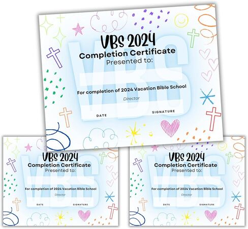 جائزة الإنجاز لشهادة إتمام مدرسة الكتاب المقدس VBS Vacation لعام 2024 | 50 pk 8.5x11 "جائزة الحضور للأطفال المشاركة المدرسية الدينية الملونة غير الطائفية in Saudi Arabia