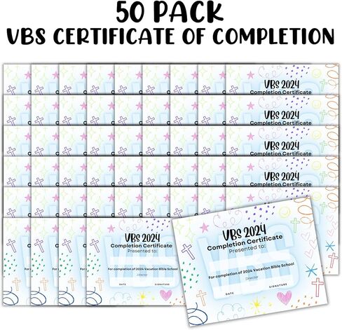 جائزة الإنجاز لشهادة إتمام مدرسة الكتاب المقدس VBS Vacation لعام 2024 | 50 pk 8.5x11 "جائزة الحضور للأطفال المشاركة المدرسية الدينية الملونة غير الطائفية in Saudi Arabia