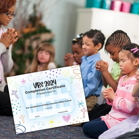 جائزة الإنجاز لشهادة إتمام مدرسة الكتاب المقدس VBS Vacation لعام 2024 | 50 pk 8.5x11 "جائزة الحضور للأطفال المشاركة المدرسية الدينية الملونة غير الطائفية in Saudi Arabia