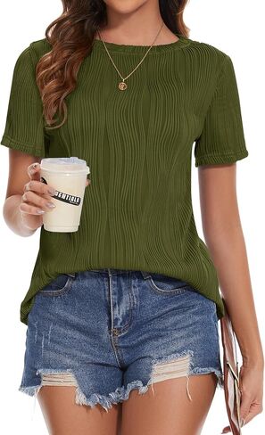 Micoson Women's Summer Short Sleeve Shirts Fashion Crew Neck T-Shirt Business Casual Textured Tops Basic Plain Tee Blouses in Saudi Arabia