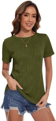 Micoson Women's Summer Short Sleeve Shirts Fashion Crew Neck T-Shirt Business Casual Textured Tops Basic Plain Tee Blouses in Saudi Arabia