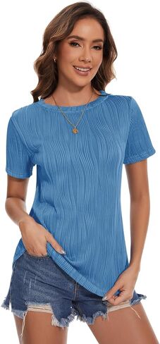 Micoson Women's Summer Short Sleeve Shirts Fashion Crew Neck T-Shirt Business Casual Textured Tops Basic Plain Tee Blouses in Saudi Arabia