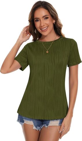 Micoson Women's Summer Short Sleeve Shirts Fashion Crew Neck T-Shirt Business Casual Textured Tops Basic Plain Tee Blouses in Saudi Arabia