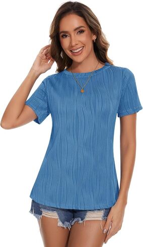 Micoson Women's Summer Short Sleeve Shirts Fashion Crew Neck T-Shirt Business Casual Textured Tops Basic Plain Tee Blouses in Saudi Arabia