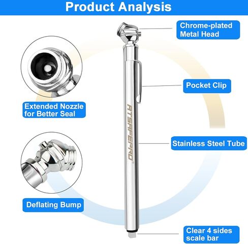 Pencil Tire Pressure Gauge (5-50PSI&10-75PSI), Sealed Zinc Alloy Nozzle and Silvery Aluminum Tube Body, Suitable for Bikes,Cars, Trucks in Saudi Arabia
