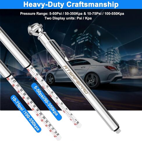 Pencil Tire Pressure Gauge (5-50PSI&10-75PSI), Sealed Zinc Alloy Nozzle and Silvery Aluminum Tube Body, Suitable for Bikes,Cars, Trucks in Saudi Arabia