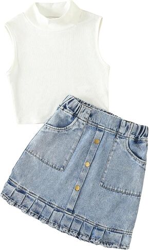 Verdusa Girl's 2 Piece Outfits Mock Neck Tank Top and Ruffled Denim Skirt Set in Saudi Arabia