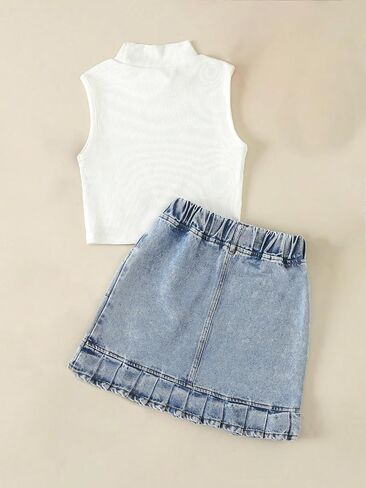 Verdusa Girl's 2 Piece Outfits Mock Neck Tank Top and Ruffled Denim Skirt Set in Saudi Arabia
