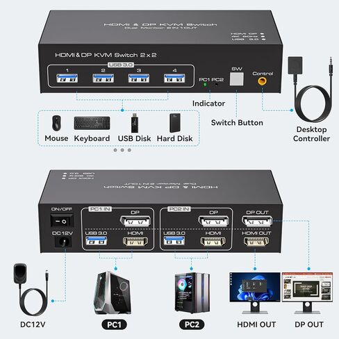 HDMI+Displayport KVM Switch 2 Monitors 2 Computers 4K@60Hz KVM Switcher Dual Monitor for 2 PC Share 2 Monitors and 4 USB 3.0 Ports Support Extended/Copy Mode with Desktop Controller&2 USB Cables in Kuwait