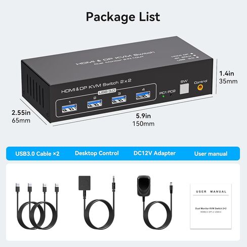 HDMI+Displayport KVM Switch 2 Monitors 2 Computers 4K@60Hz KVM Switcher Dual Monitor for 2 PC Share 2 Monitors and 4 USB 3.0 Ports Support Extended/Copy Mode with Desktop Controller&2 USB Cables in Kuwait