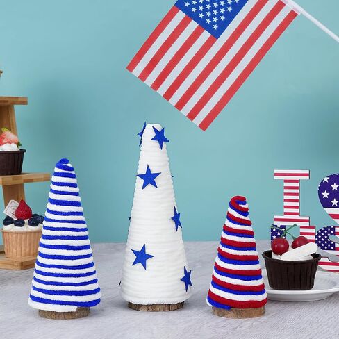 Dolicer 3 Pcs 4th of July Tree Table Decorations, Yarn Wrapped Mini Trees, Red White Blue Independence Day Table Top Decor, Patriotic Decoration for Memorial Day Party Home Kitchen Shelf Table Decor in Saudi Arabia
