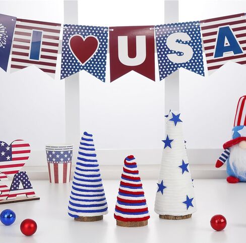 Dolicer 3 Pcs 4th of July Tree Table Decorations, Yarn Wrapped Mini Trees, Red White Blue Independence Day Table Top Decor, Patriotic Decoration for Memorial Day Party Home Kitchen Shelf Table Decor in Saudi Arabia