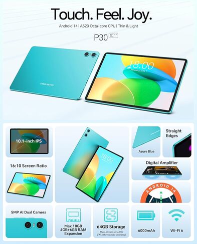 تابلت TECLAST Android 14 مقاس 10 بوصة، P30 10 جيجابايت رام 64 جيجابايت روم 1 تيرابايت توسيع، معالج رباعي النواة، شاشة لمس عالية الدقة 1280 × 800 IPS، واي فاي 6، كاميرا مزدوجة، BT5.4، 6000 مللي أمبير، Widevine L1 in Kuwait