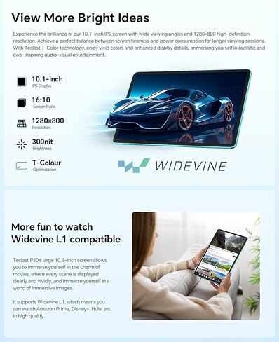 تابلت TECLAST Android 14 مقاس 10 بوصة، P30 10 جيجابايت رام 64 جيجابايت روم 1 تيرابايت توسيع، معالج رباعي النواة، شاشة لمس عالية الدقة 1280 × 800 IPS، واي فاي 6، كاميرا مزدوجة، BT5.4، 6000 مللي أمبير، Widevine L1 in Kuwait
