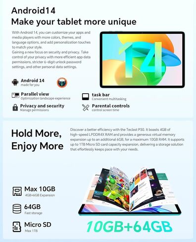 تابلت TECLAST Android 14 مقاس 10 بوصة، P30 10 جيجابايت رام 64 جيجابايت روم 1 تيرابايت توسيع، معالج رباعي النواة، شاشة لمس عالية الدقة 1280 × 800 IPS، واي فاي 6، كاميرا مزدوجة، BT5.4، 6000 مللي أمبير، Widevine L1 in Kuwait