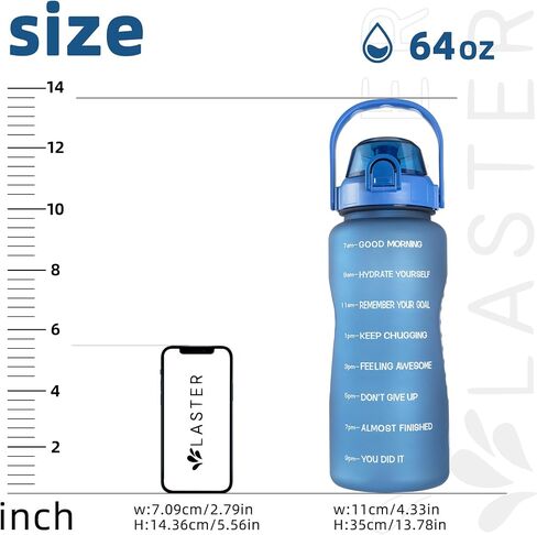 Laster 64 Oz, 2L, Half Gallon Motivational Water Bottle with Time Marker for All Day Hydration – BPA Free & Leak Proof. Office, Camping, Fitness, Road Trip - SOLID COLORS (Black) in Saudi Arabia