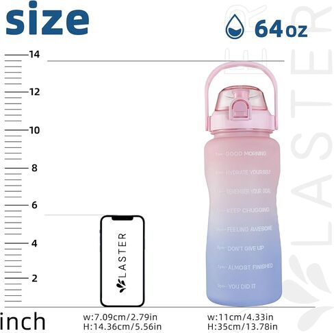 Laster 64 Oz, 2L, Half Gallon Motivational Water Bottle with Time Marker for All Day Hydration – BPA Free & Leak Proof. Office, Camping, Fitness, Road Trip - SOLID COLORS (Black) in Saudi Arabia