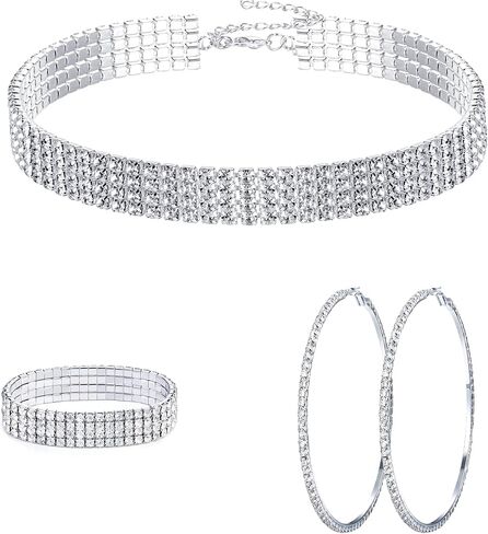 Rhinestone Choker Necklace Bracelet Hoop Earrings for Women Bling Rhinestone Jewelry Set for Wedding Bridal Party in Saudi Arabia