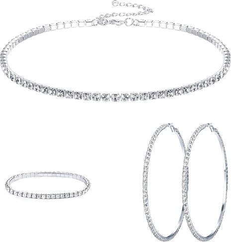 Rhinestone Choker Necklace Bracelet Hoop Earrings for Women Bling Rhinestone Jewelry Set for Wedding Bridal Party in Saudi Arabia