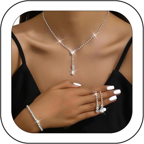 Silver Prom Jewelry Sets for Women Bridal Wedding Jewelry Sets for Brides Rhinestone Necklace and Earring Sets for Women Elegant Formal Bling Jewelry Sets for Women Evening Wear in Saudi Arabia