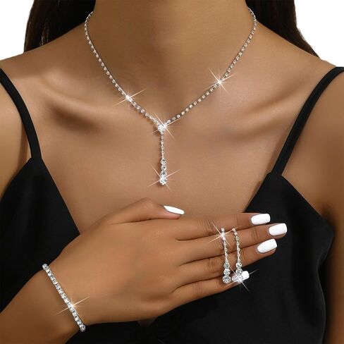 Silver Prom Jewelry Sets for Women Bridal Wedding Jewelry Sets for Brides Rhinestone Necklace and Earring Sets for Women Elegant Formal Bling Jewelry Sets for Women Evening Wear in Saudi Arabia