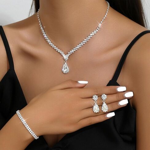 Silver Prom Jewelry Sets for Women Bridal Wedding Jewelry Sets for Brides Rhinestone Necklace and Earring Sets for Women Elegant Formal Bling Jewelry Sets for Women Evening Wear in Saudi Arabia