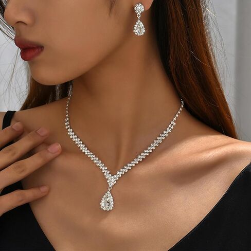 Silver Prom Jewelry Sets for Women Bridal Wedding Jewelry Sets for Brides Rhinestone Necklace and Earring Sets for Women Elegant Formal Bling Jewelry Sets for Women Evening Wear in Saudi Arabia