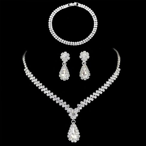 Silver Prom Jewelry Sets for Women Bridal Wedding Jewelry Sets for Brides Rhinestone Necklace and Earring Sets for Women Elegant Formal Bling Jewelry Sets for Women Evening Wear in Saudi Arabia
