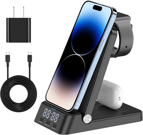 محطة شحن لأجهزة متعددة، شاحن لاسلكي سريع 3 في 1 مع ساعة رقمية لهاتف iPhone 14/13/12/11/Pro/XS/Xs Max/XR/X/SE/8/8 Plus Apple Watch 8/7/6/ SE/5/4/3/2 AirPods 3/2/Pro مع المحول in Kuwait