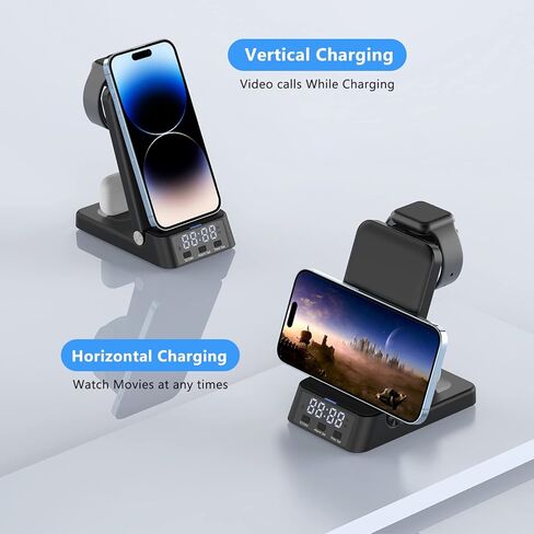 محطة شحن لأجهزة متعددة، شاحن لاسلكي سريع 3 في 1 مع ساعة رقمية لهاتف iPhone 14/13/12/11/Pro/XS/Xs Max/XR/X/SE/8/8 Plus Apple Watch 8/7/6/ SE/5/4/3/2 AirPods 3/2/Pro مع المحول in Kuwait