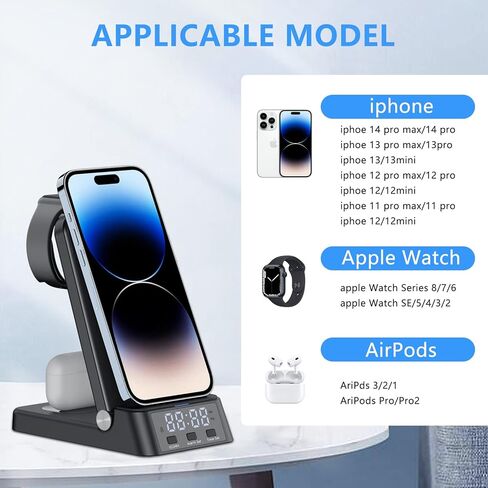 محطة شحن لأجهزة متعددة، شاحن لاسلكي سريع 3 في 1 مع ساعة رقمية لهاتف iPhone 14/13/12/11/Pro/XS/Xs Max/XR/X/SE/8/8 Plus Apple Watch 8/7/6/ SE/5/4/3/2 AirPods 3/2/Pro مع المحول in Kuwait